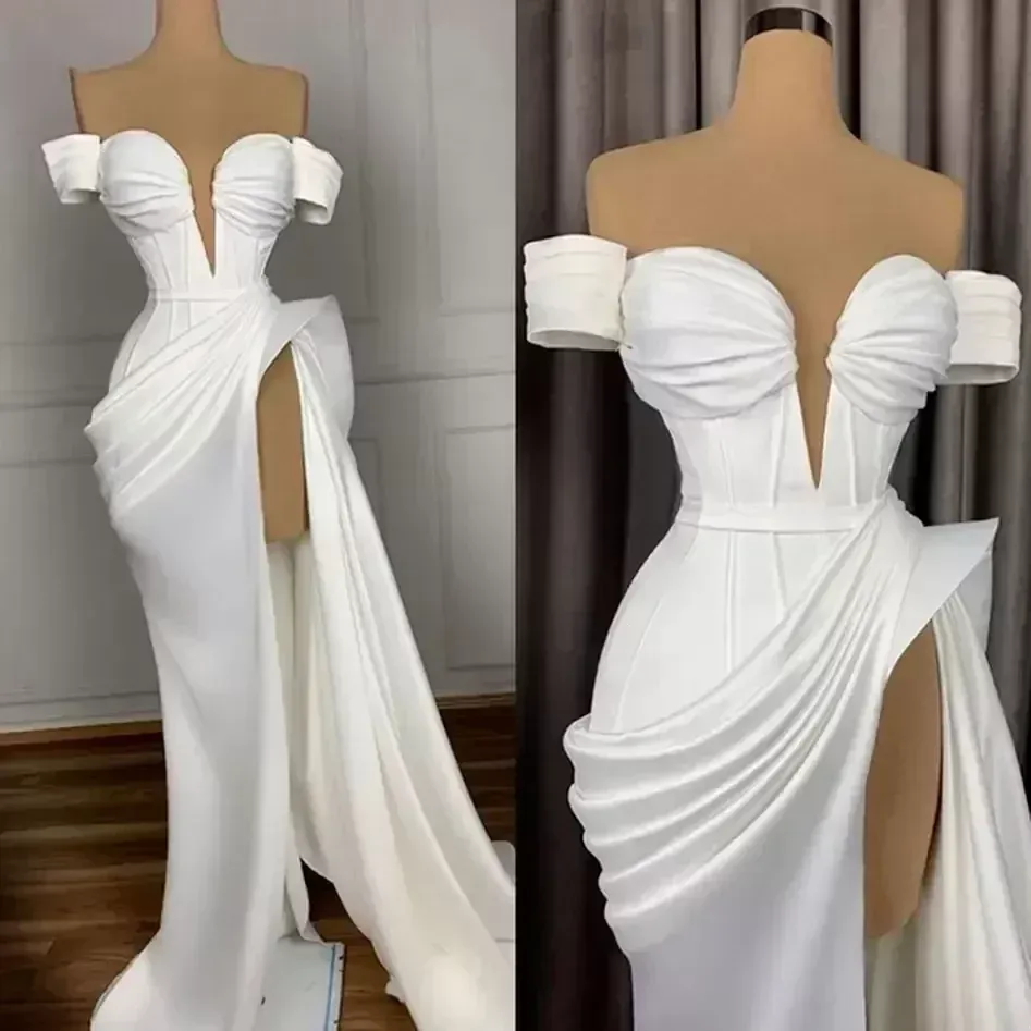 Sexy White Evening Dresses Long Off Shoulder Satin with High Slit Arabic African Women Formal Party Gowns Prom Dress Custom Made BC11985