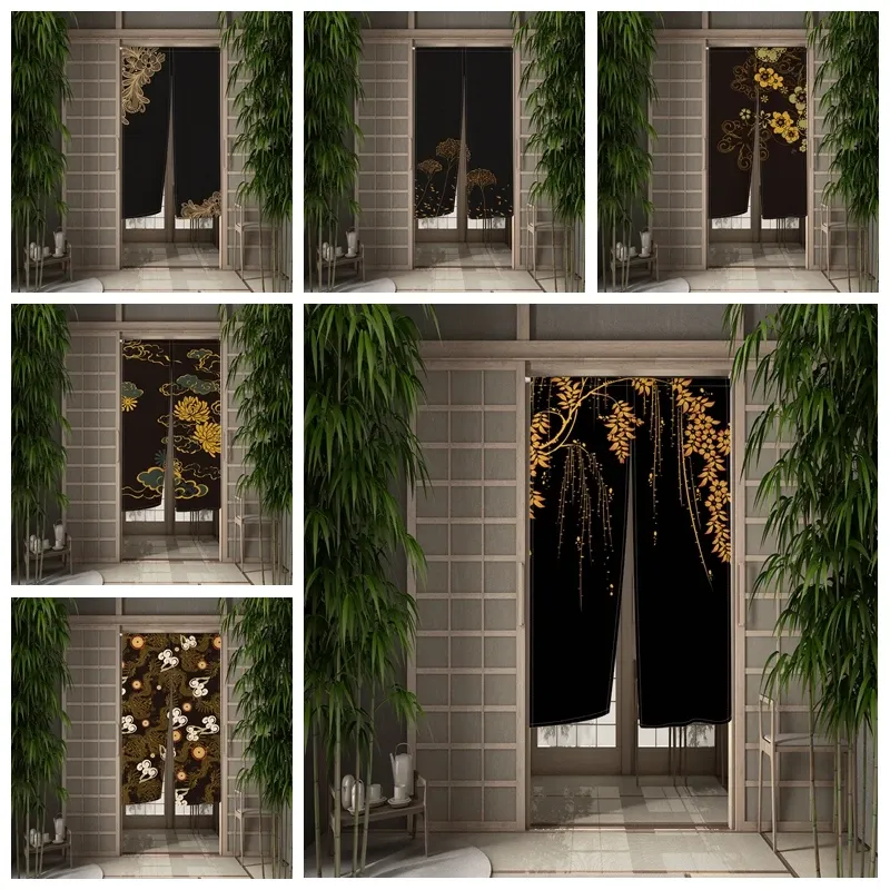 Gardiner svarta gyllene blommor dörr gardin köksdörr gardin japansk ukiyoe målning partition drapera ingången hängande halvbana