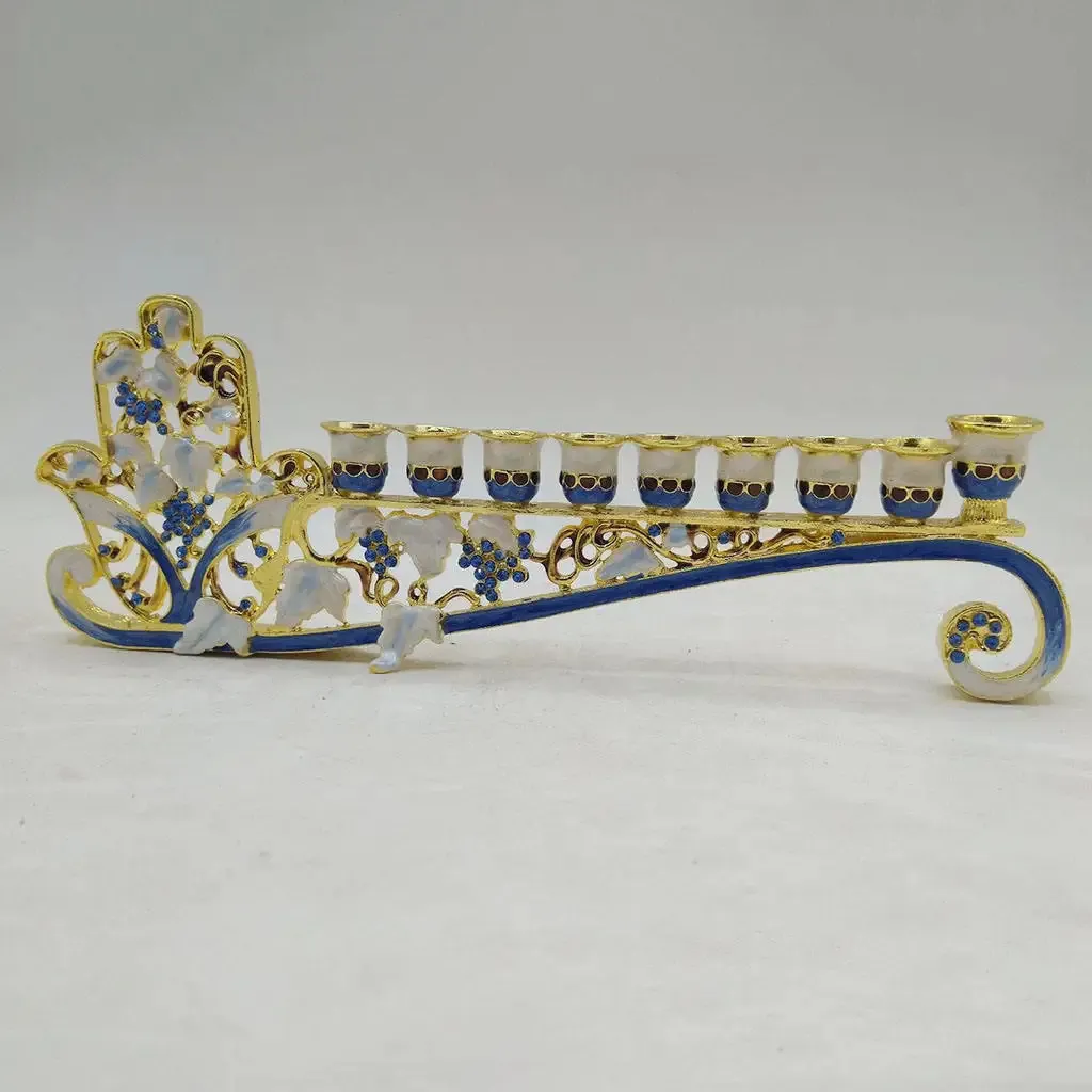 Niebieska szkliwa Manukkah Menorah Candelabra 9 Oddział świecy ornament 240301