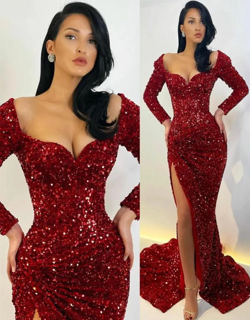 Sexy High Slits Evening Dresses With Long Sleeves Glitter Sequined Mermaid Formal Prom Gowns Sweep Train Arabic Aso Ebi Women robe1570893