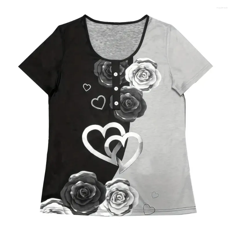 Blusas femininas respirável camiseta estilo étnico estampa floral coleção de verão o-pescoço manga curta tops henley decote em v