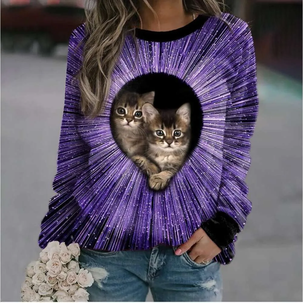 Designer dameshoodie lente en herfst 2024 nieuwe dunne kattenprint ronde hals casual dames trui met lange mouwen trui herenmode T-shirt sweatshirt kledingDI0F