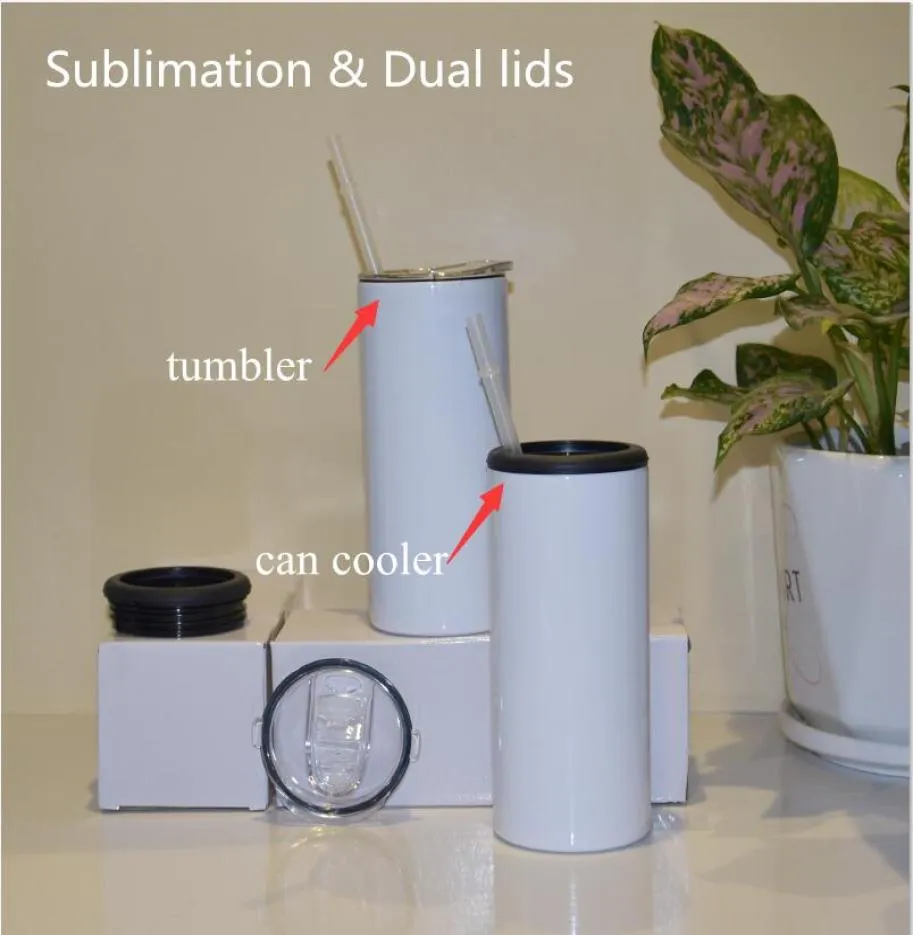 15oz Dubbele deksels Sublimatie Skinny Can Cooler Tumbler 355 ml Rechte Tumblers met rietje Roestvrij staal vacuüm geïsoleerd Koude opslag3983395