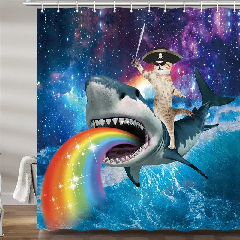 Rideaux Drôle Pirate Chat Rideau De Douche Doublure Cool Chat Équitation Requin Baleine Dans L'univers Galaxie Hilarant Tissu Rideau De Douche Imperméable