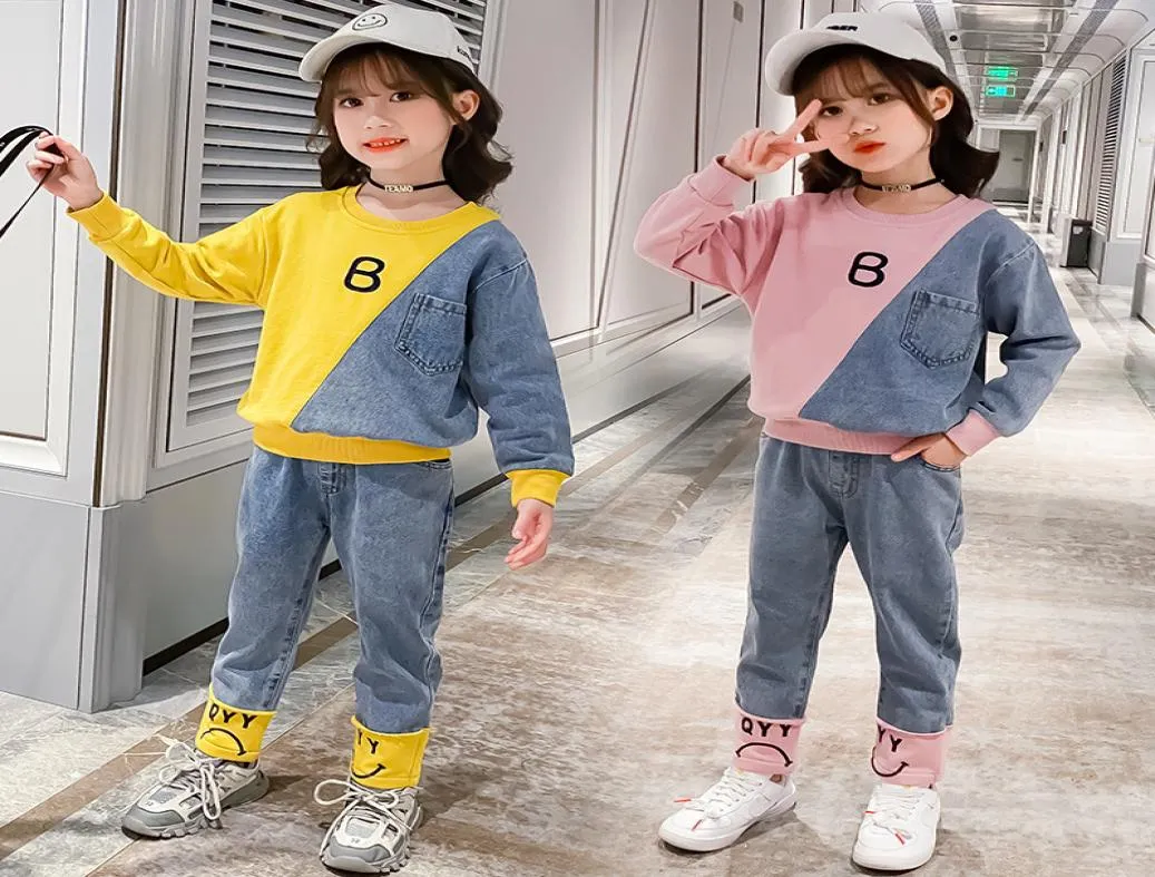 Ensemble de vêtements de mode pour enfants filles coton col rond jean sweats pantalons adolescents Patchwork Denim survêtements costumes de printemps 12Y4235397