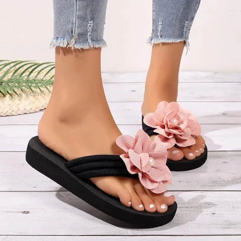 Chinelos de verão sapatos de praia para mulheres 2024 moda flor cunhas femininas romanas senhoras casuais flip flops feminino slides planos