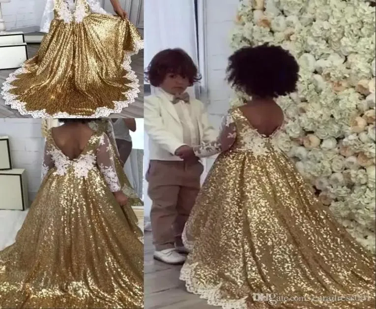 Blingbling Gold Sequins Flower Girl Dresses Lace Appliques Long Sleeve Girls Pageant Dress for Child Birthday Dresses Jewel Neck S5560872