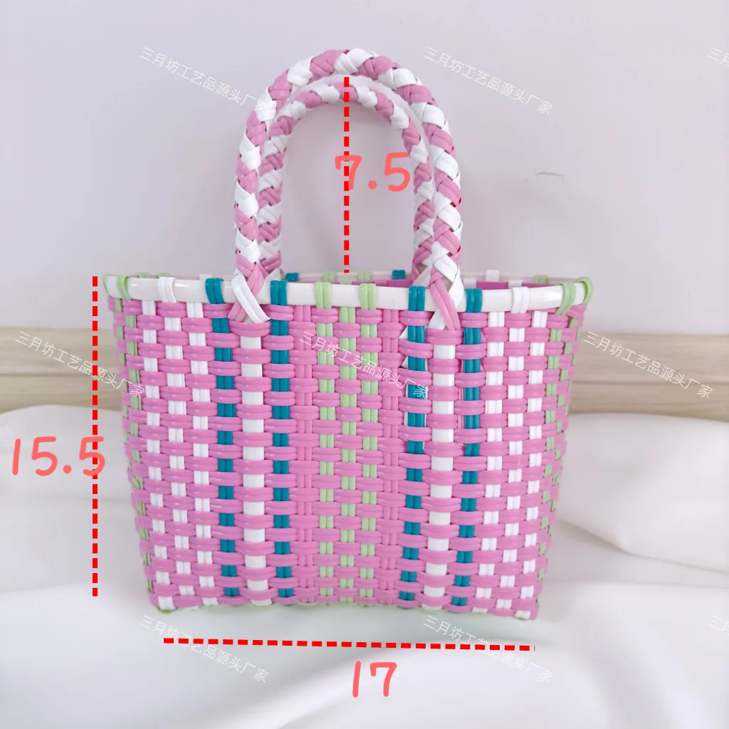 Straw Small Fresh Color Contrast Hand-Woven Beach Children's Basket Bucket Bag Vegetable Basket Tote Bag
