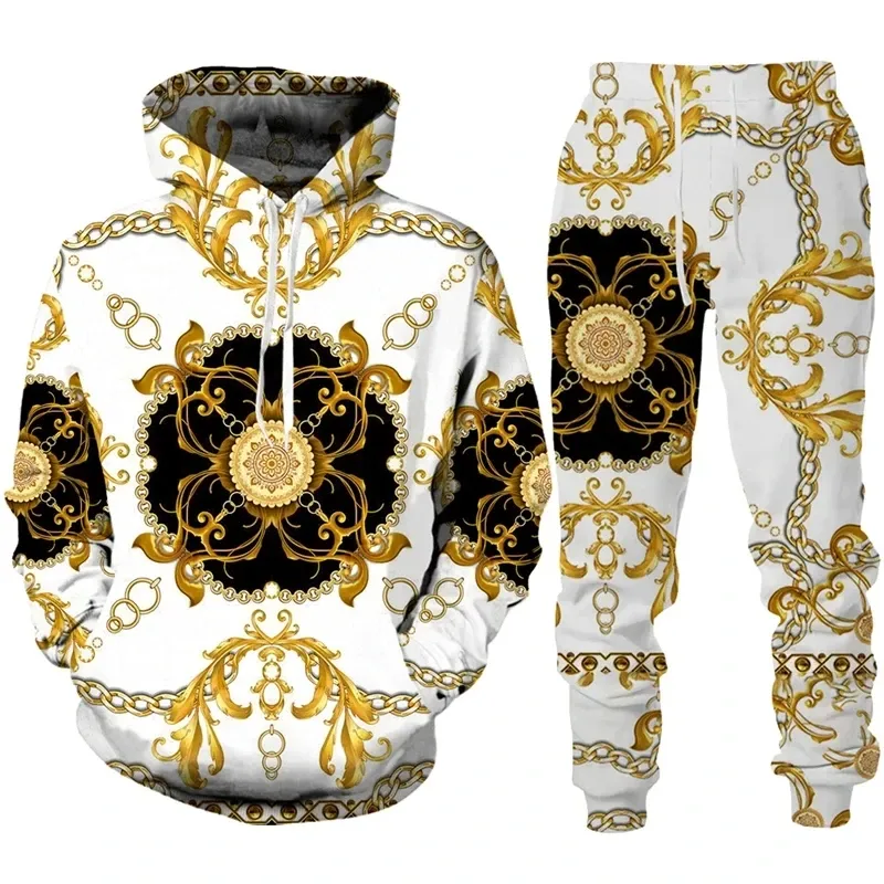 High End Luxury Golden Pattern Mens Hoodie/Pants/Set Fashion 3D Print Couple Sportwear Casual Hipster Personality Clothing Suit