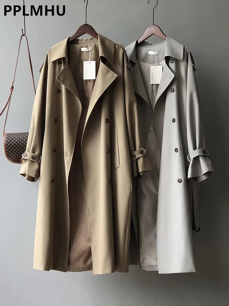 Khaki Double Breasted Long Trench Coats Women Casual Loose Korean Gabardina Lapel Classic Oversized Windbreaker Jackets 240228