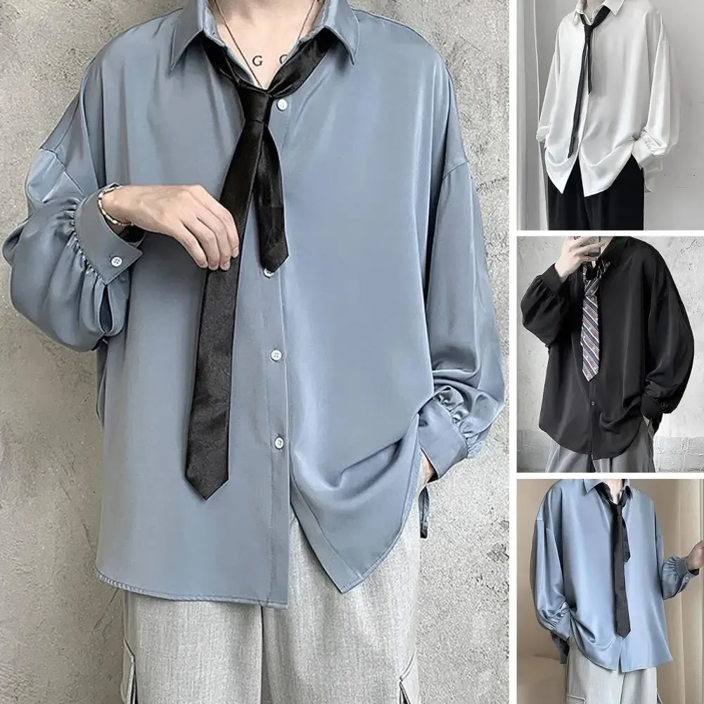 Preto camisas de mangas compridas homens coreano lapela singlebreasted camisa primavera outono solto ajuste cor sólida com gravata 240301