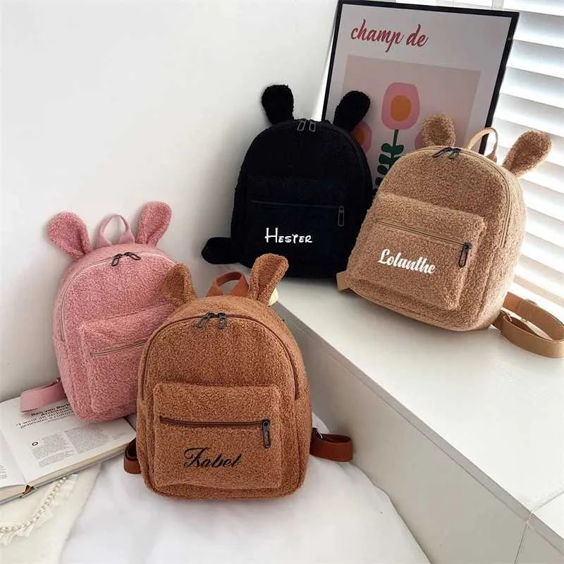 Backpacks Personalised Name Rabbit Ear Backpacks Custom Your Text Kids Back Pack Plush Bag Toy Gifts for Kids Girls Baby Double LayerL2403