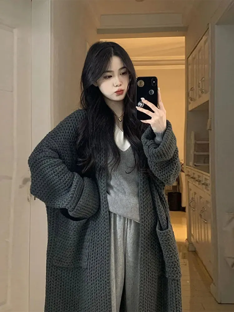 Coreano longo mulher fofo cardigan manga solta doce camisola casaco outono confortável feminino lã de malha midiclothing 240229