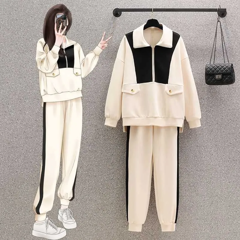 -Jin large-sized design and casual sports suit for womens early autumn loose fitting stylish collar hoodie two-piece set