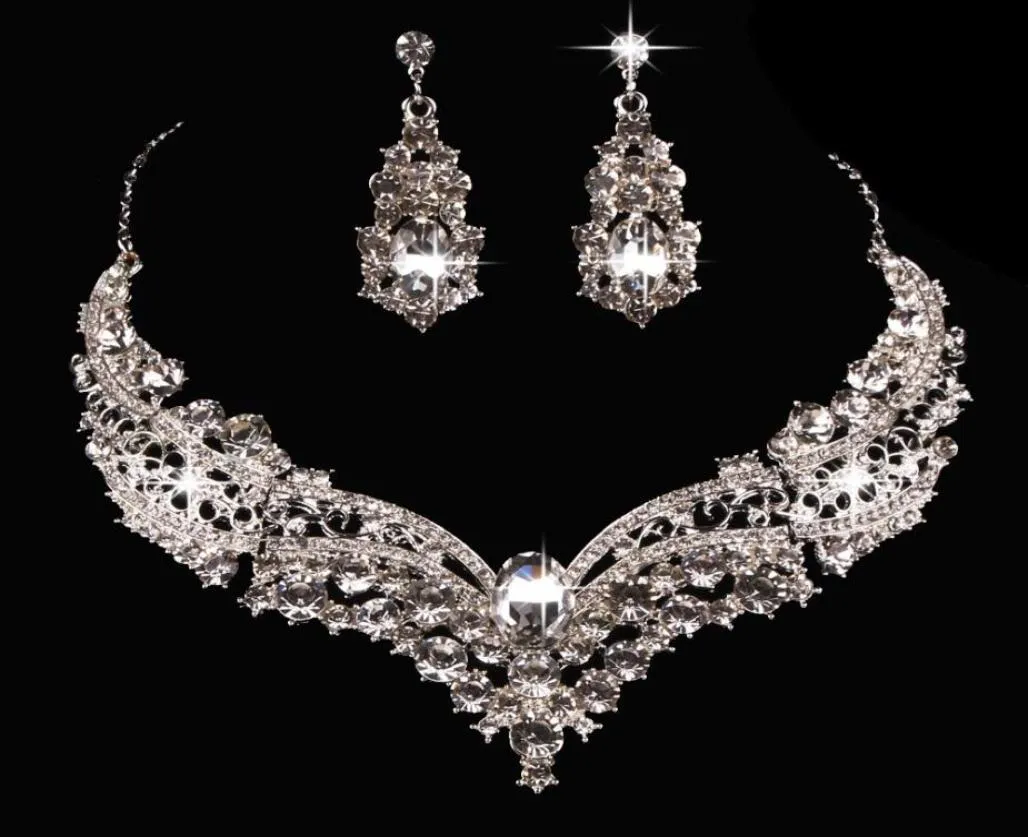 Diseñador de lujo, dos piezas, diamantes de imitación de cristal, joyería nupcial, 1 Juego, collar de novia, pendiente, accesorios para fiesta de boda 4442418