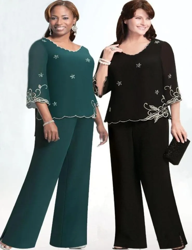 Gorgeous GreenBlack Embroidery Mother Of The Bride Pant Suits Plus Size 43 Sleeve Chiffon Jewel Neck For Wedding Mother Groom Go6738738