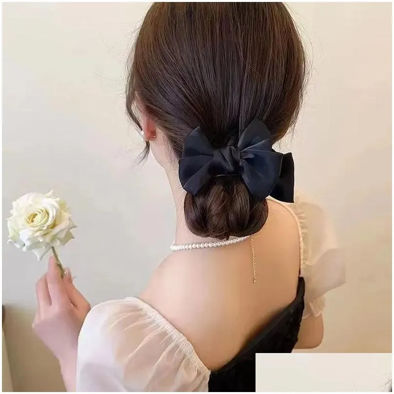 Hair Clips Barrettes Pearlescent Mesh Bow Clasp Clip High Horsetail Fixed Ornament Elegant Ball Headwear Drop Delivery Jewelry Hair Otfcv