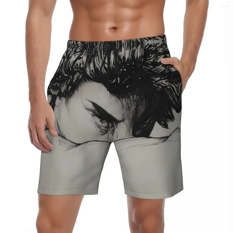 Shorts masculinos masculinos placa esboçando retrato y2k retro troncos de natação legal moda rápida seca esportes tamanho grande calças curtas