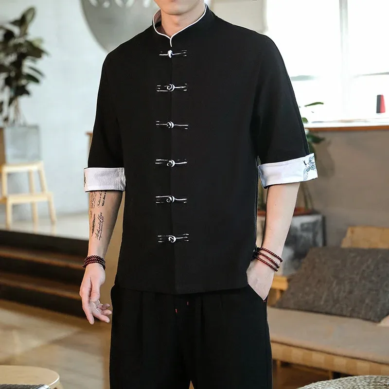 Summer Crane Embroidery Top Traditional Chinese Style Mens Vintage Half Sleeve Linen Shirts Madarin Collar Kungfu Shirt 240304