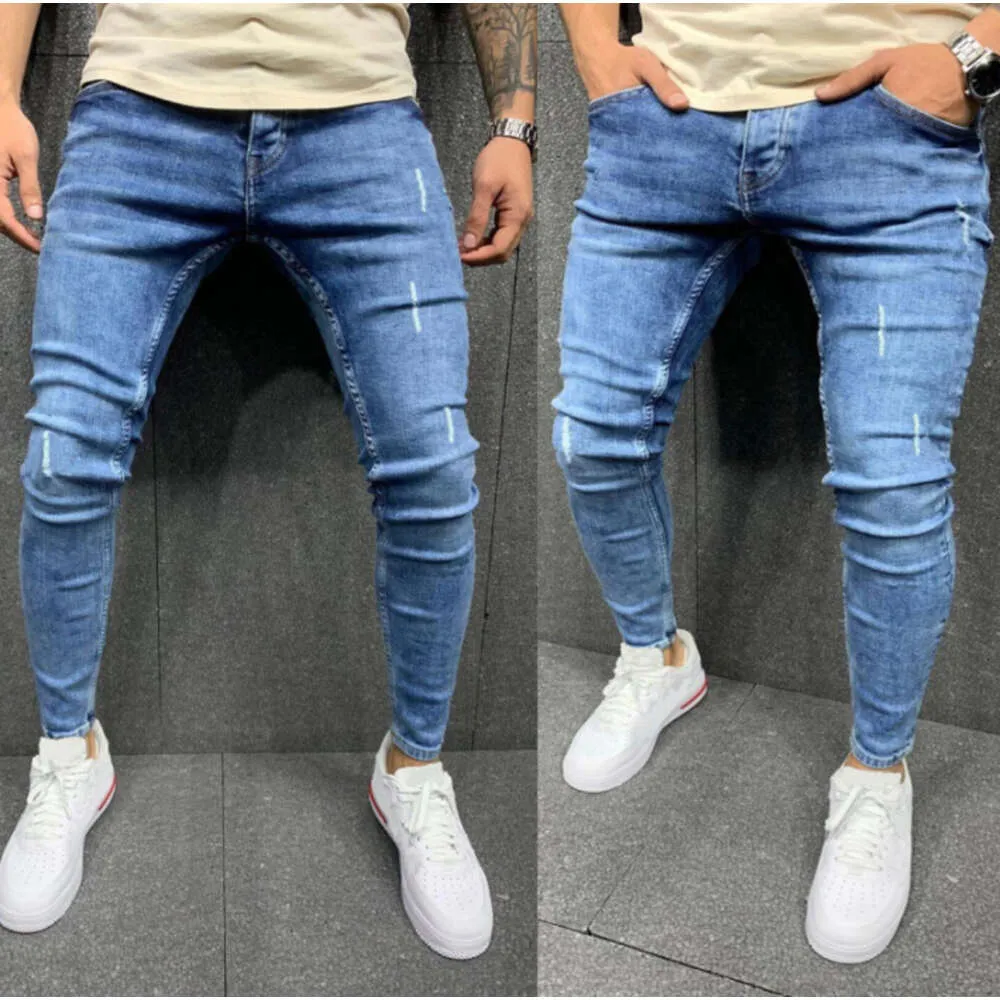 Hochwertige, abgenutzte, eng anliegende Stretch-Jeans mit kleinem Fuß, Herrenjeans