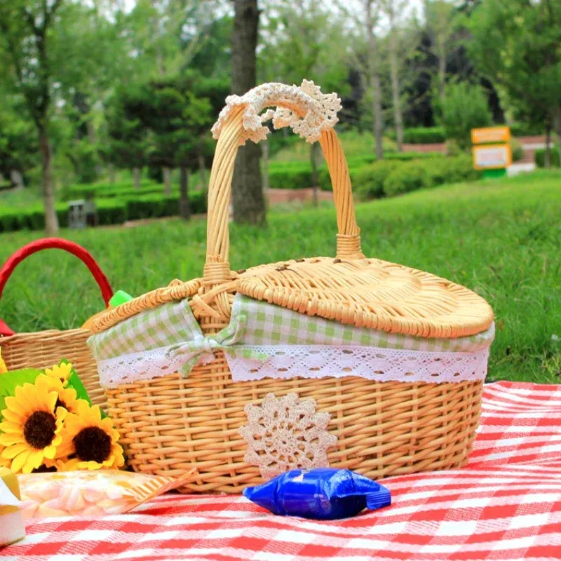 Paniers Panier en osier avec poignée DoubleLid Grand Camping Pique-Nique Fait à la Main Saule Tissage Panier de Rangement en Plein air Porte-Fruits Organisateur