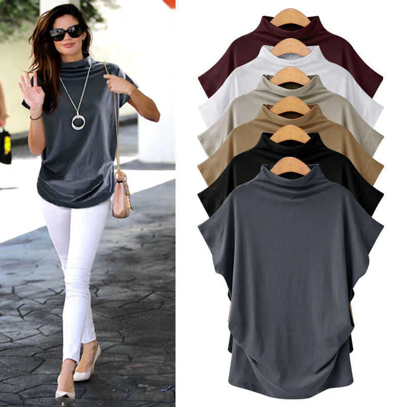 Short sleeved T-shirt womens spring and summer new semi high collar bottomed shirt Korean version versatile medium and long loose top large womens shirt