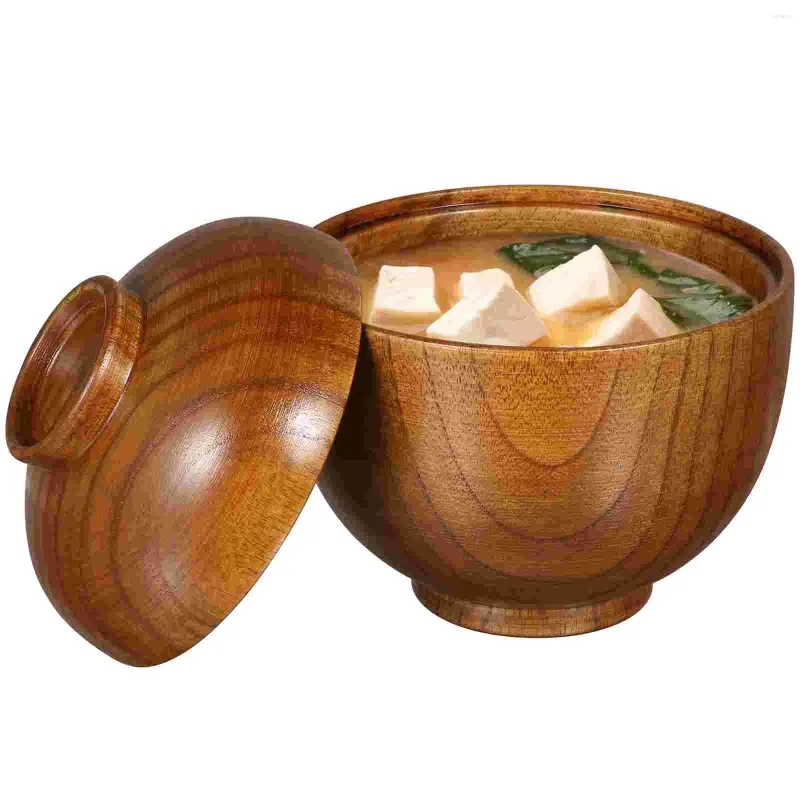 Geschirrsets 2PCS -Holzschale mit Deckelsuppe Reis serviert Holzgeschirr!