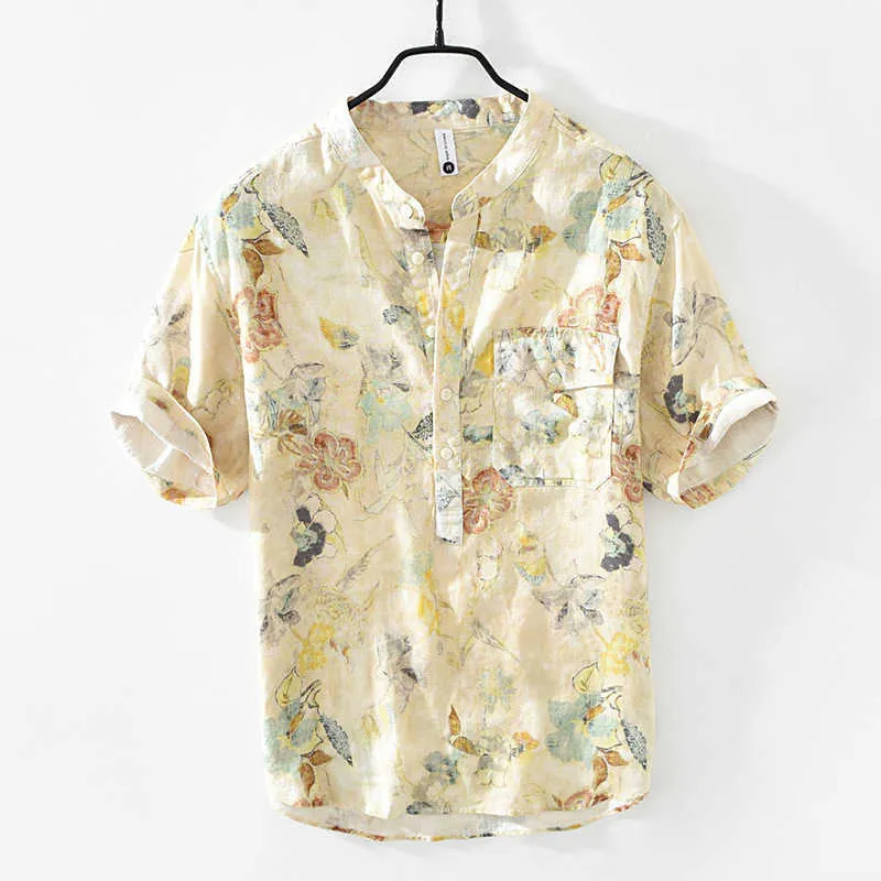 2002 Camisa de lino con estampado fresco de literatura y arte, jersey fino con manga 5/4 y cuello alto para jóvenes, camisa para hombres