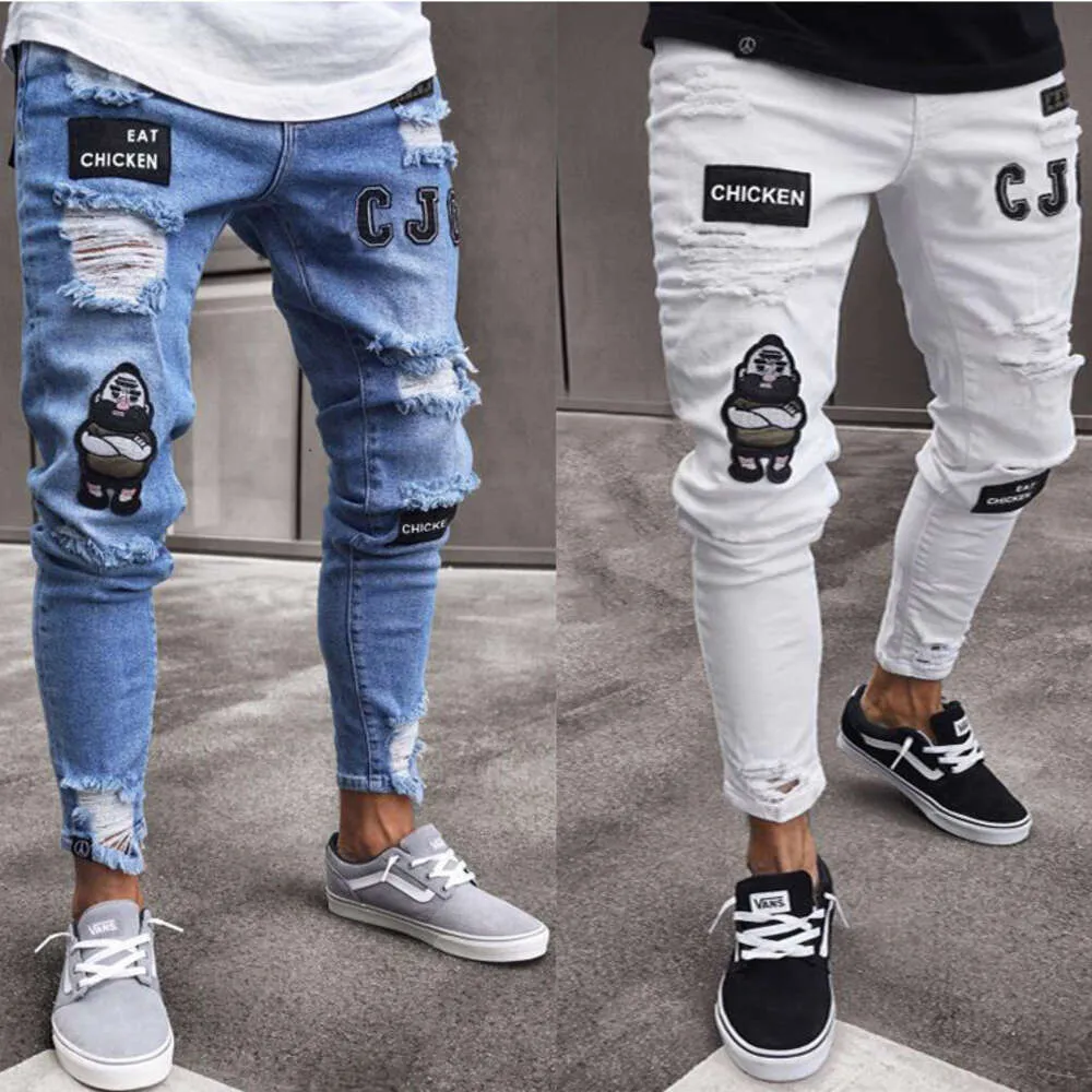 Heren hiphop slim fit noodlijdende legging badge elastische jeans nieuwe stijl