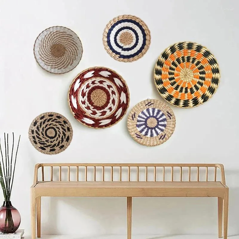 Decorative Figurines Fashion INS Straw Rattan Wall Decor Round Basket Decoration Crafts Hanging Frame Handwoven