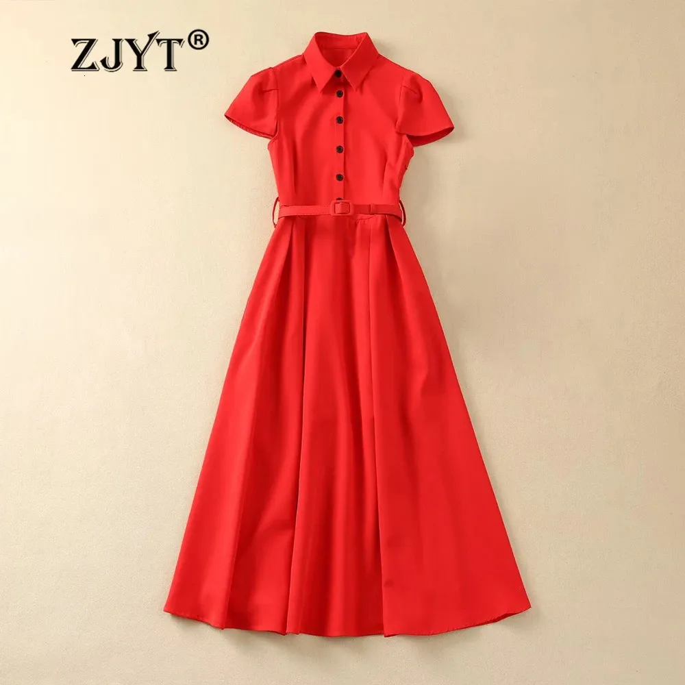 ZJYT Runway Estate 2024 Moda Midi Abiti camicia per donna Manica corta Turn Down Collar Abito da festa rosso Elegante nero 240306