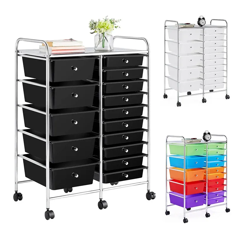 Cajones SmileMart Carro de almacenamiento con estructura metálica de 15 cajones, con ruedas bloqueables, negro, multicolor o blanco, tres colores disponibles