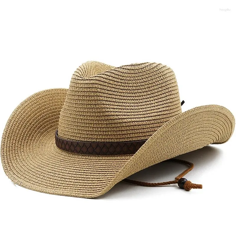 帽子夏のストローメンズサンビーチジャズパナマハットフェドーラワイドブリム保護キャップ付きベルトカウボーイ