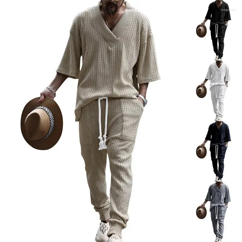 Men's Tracksuits 2024 Man Pants Male Set Solid Zhejiang V Neck Drawstring High Quality Comfortable Men Cotton The Listing Sets