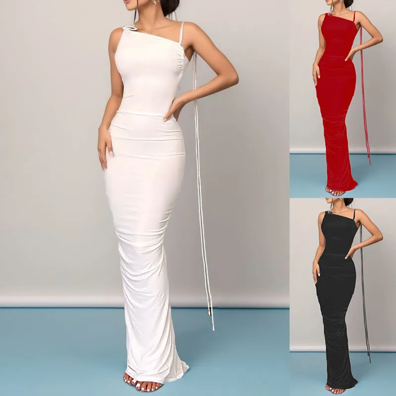 Casual Dresses Solid Color Open Back One Shoulder Women Dress Clubwear Ruffles Female Elegant Sexy Party Night Holiday Vestidos