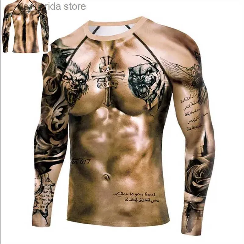 Men's T-Shirts Muscle Tattoo Mens Compression T-shirts Long Slve Wolf Dragon Sportswear Rashguard Fitness Gym Tops Ts Strtwear Tshirt Y240321