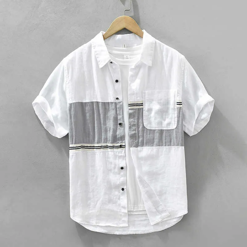 2775 Summer Trendy New Trend Splicing Linen Short Sleeved Shirt For Mens Fashion Casual mångsidig halvärmad skjorta Trend