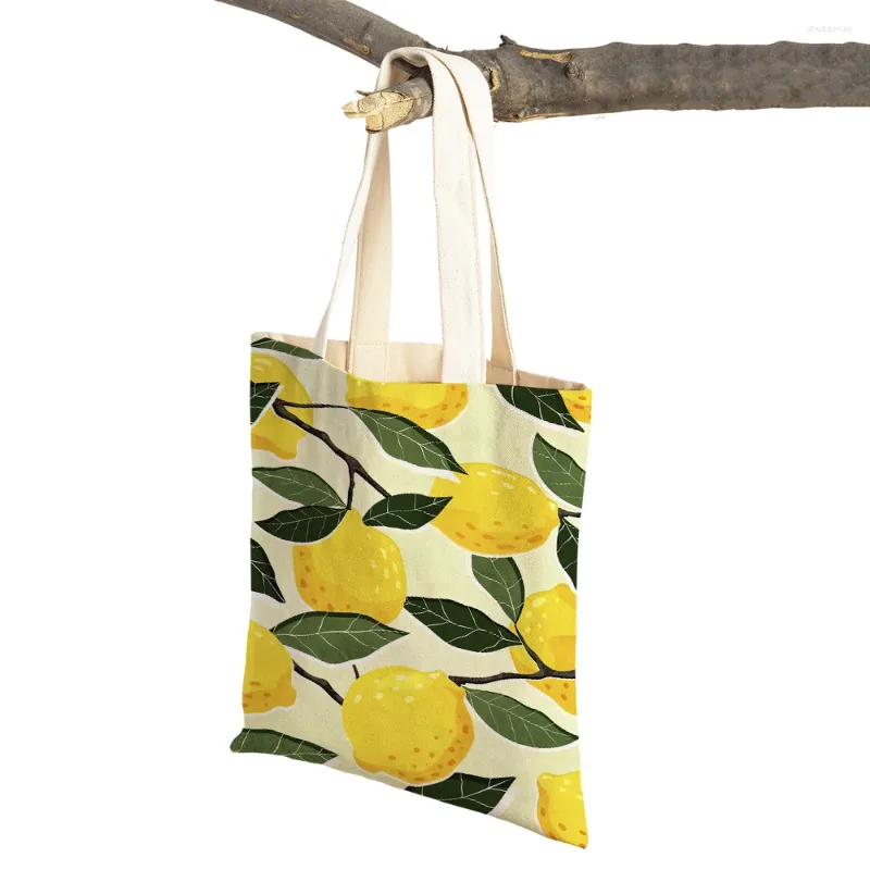 Sacos de compras frutas laranja limonada pêssego romã feminino impressão dupla casual lona bolsa arte do vintage tote senhora shopper saco