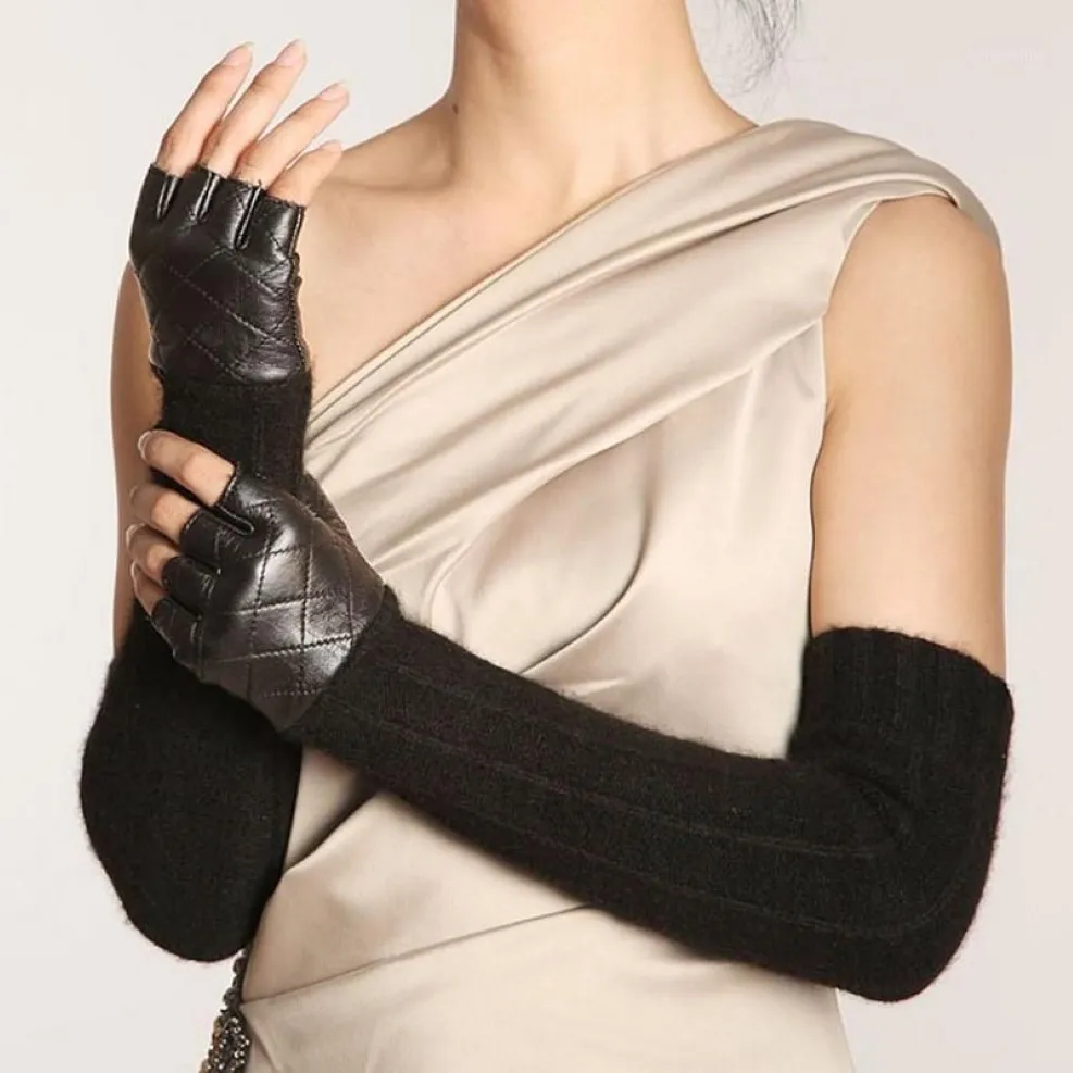 Pięć palców Rękawiczki Promocja Kobiety owcza skóry długa punkowa moda oryginalna skórzana opera solidna dama mapt wełna zimowa glo225J
