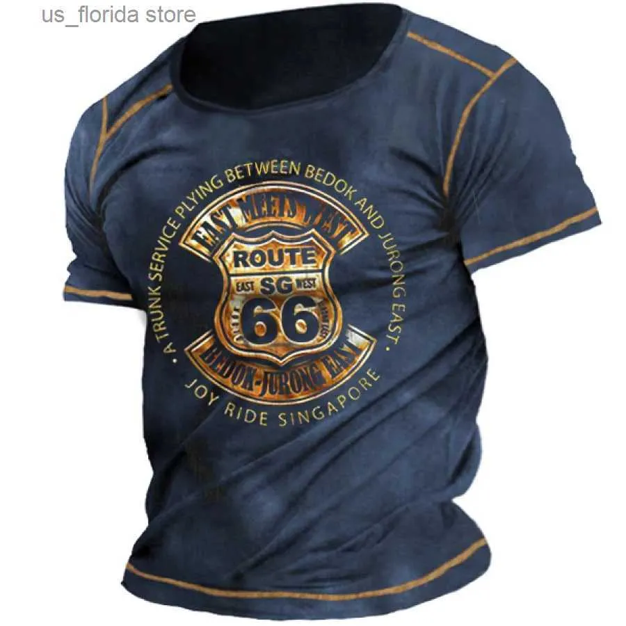 Homens camisetas Vintage Mens T-shirt Us Route 66 Impresso Camisas Curtas Masculino Oversized Hip-Hop Estilo Pulôver Ts Verão Homens Roupas Y240315