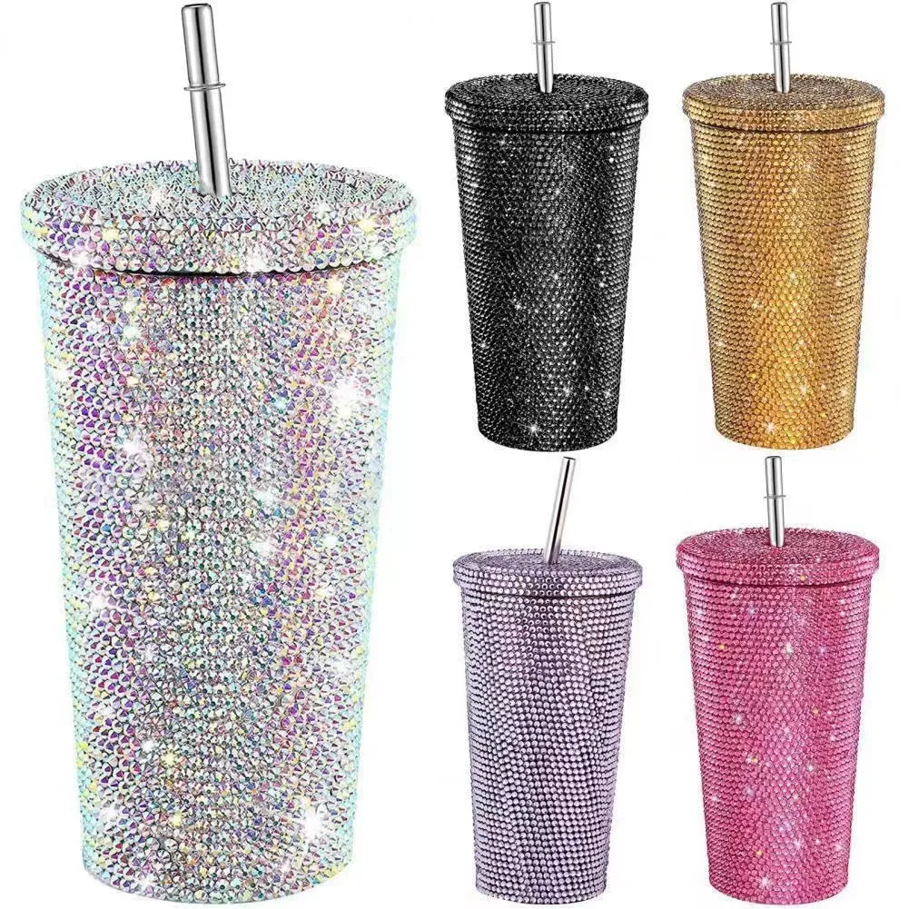 Bling Rhinestone Tumbler med halm kaffemuggar Bilkoppar Isolering Double Wall Tea Water Bottle Women Creative Christmas Presents