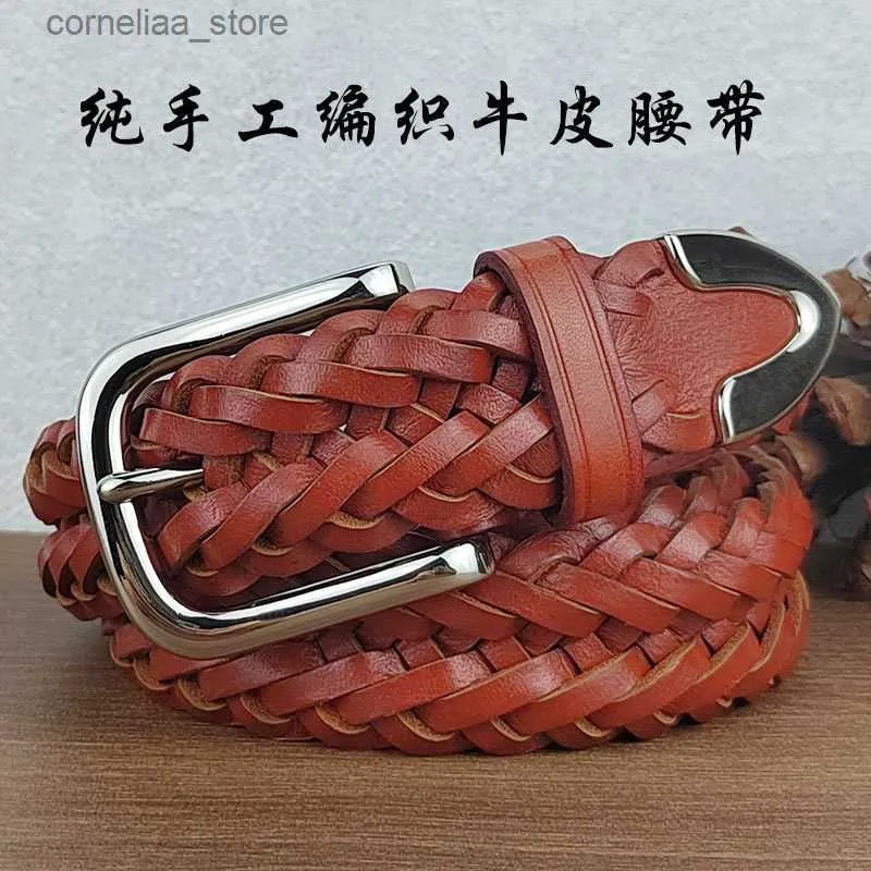 Belts Maikun Handmade Genuine Leather Braided Belt Mens Fashion Simple Business Belt Cowskin Versatile Pin Buckle Unisex BeltY240315