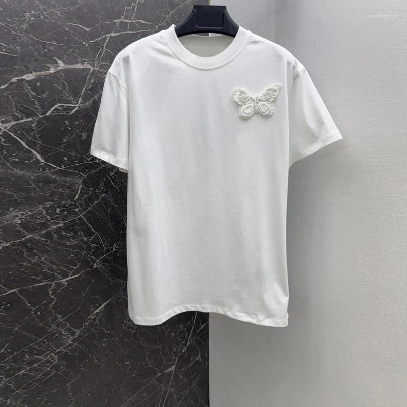 T-shirt da donna 2024 T-shirt farfalla tridimensionale bianca in puro cotone da donna Girocollo classico a maniche corte Pullover High-end
