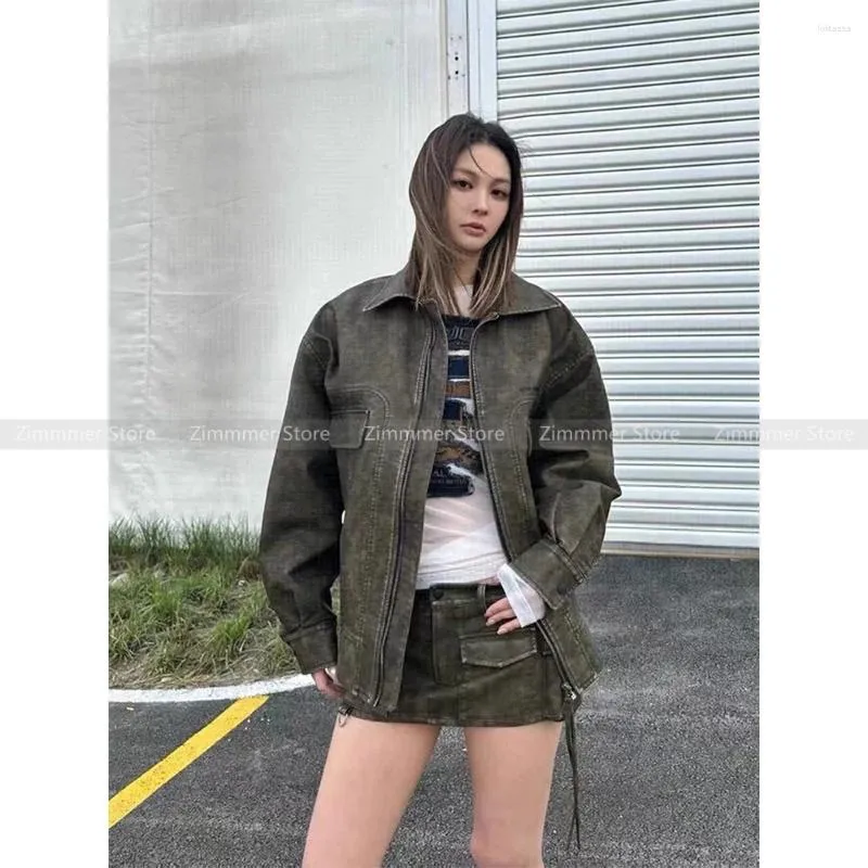 Women's Jackets High Quality! 24 Early Spring Retro Washed Sexy Girl Biker Leather Jacket Short Skirt Set