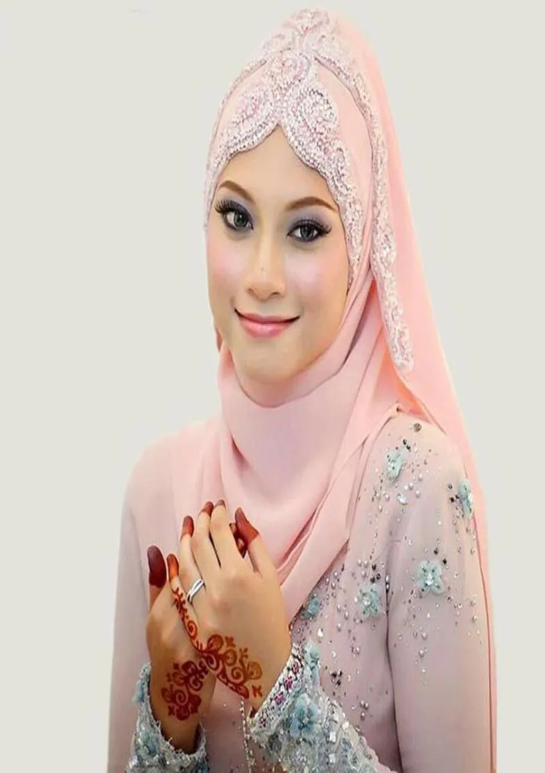 Senaste mode 2015 Bridal Veils Chiffon Rhinestones Beaded Muslim Islamic Bridal Voile de Mariee Arabic Wedding Veils9332666