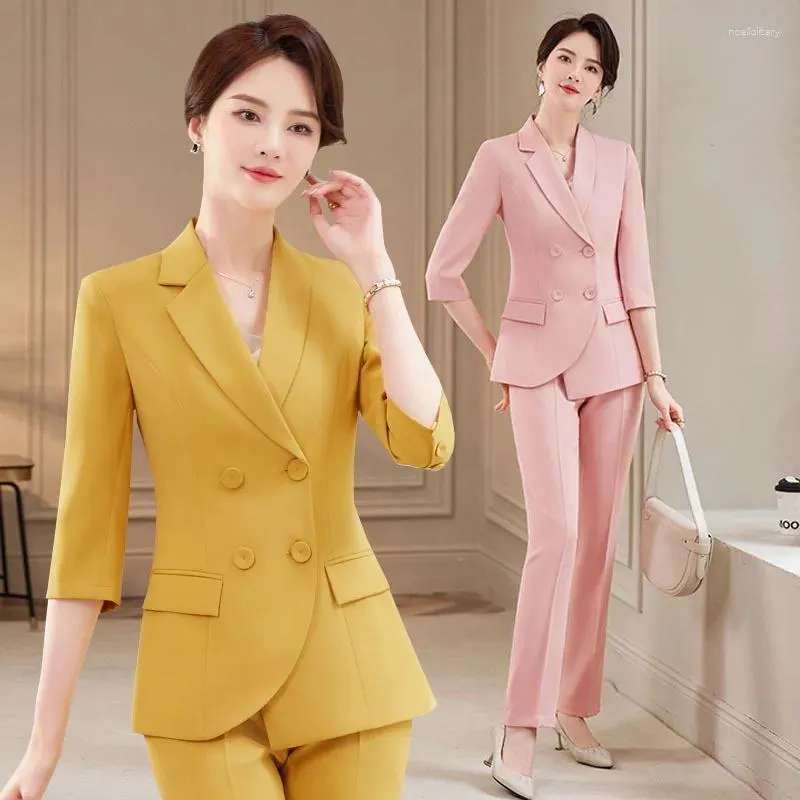 Women's Two Piece Pants Spring 2024 Half Sleeve Fashion Suit Female Coat Two-Piece Set Work Uniforms Professional Formal Wear