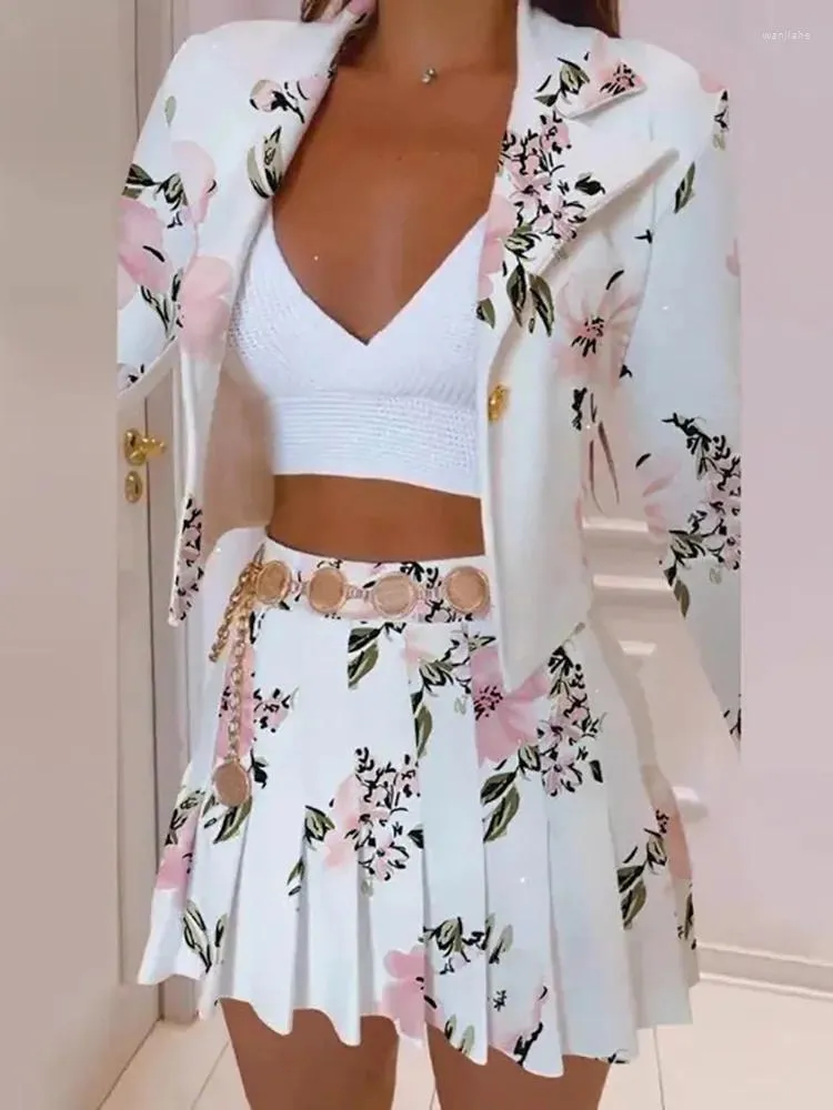 Vestidos de trabalho 2024 feminino fino ajuste 2 pçs conjunto de correspondência verão manga longa curto topo mini saia plissada senhoras outfit streetwear gota