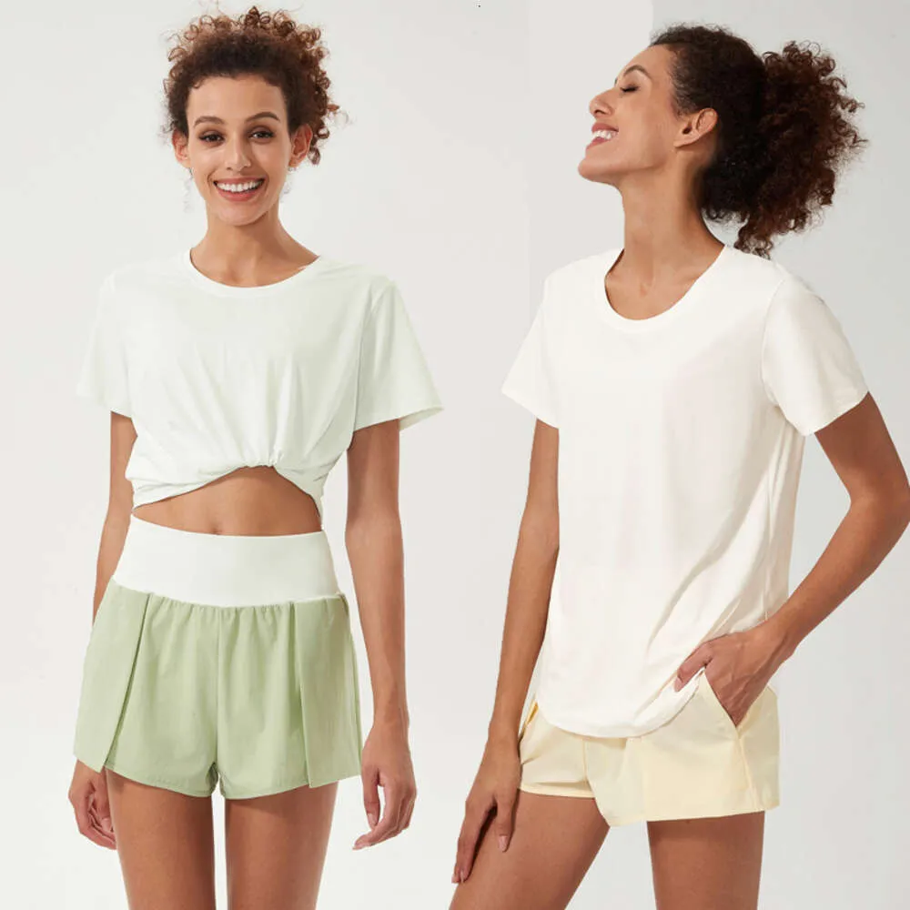 Lu Align Lemon Fiess Женский комплект для йоги из двух комплектов из дышащей лайкры, спортивный костюм для бега, футболка с короткими рукавами, шорты 2 в 1, женская спортивная одежда