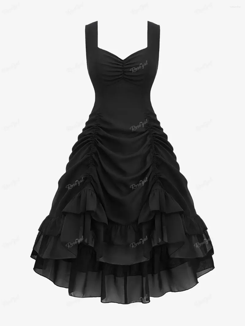 Casual Dresses ROSEGAL Plus Size Women's Gothic Ruched Layered Ruffles Solid Black Dress Summer Sweetheart Neck Sleeveless Vestidos