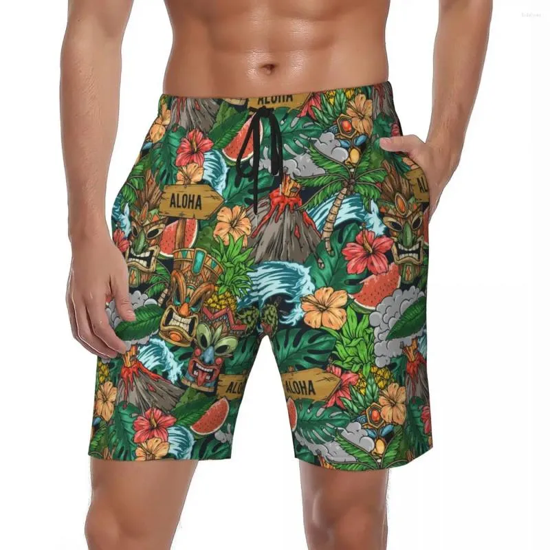 Herr shorts sommar gym tiki mask tropisk löpning surf rolig cool strand korta byxor y2k snabba torra badstammar plus storlek